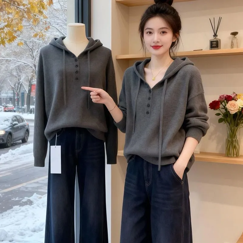 【必入款】別緻設計感寬鬆慵懶抽繩連帽針織衫-Cicimode