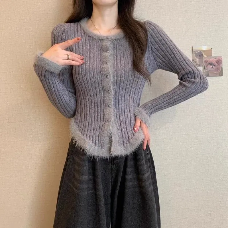 3色美拉德復古拼接毛邊修身顯瘦針織上衣-Cicimode