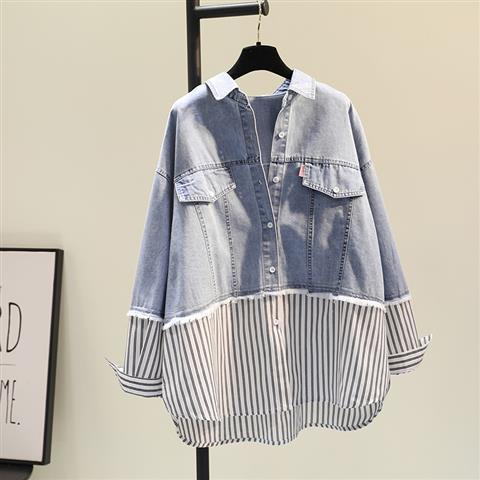 時尚百搭假兩件牛仔拼接豎條紋襯衫-Cicimode