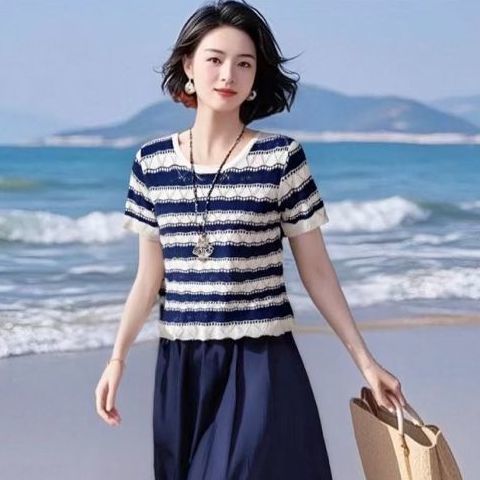 【單件/套裝】多巴胺洋氣條紋薄款針織衫+時尚半身裙兩件套裝