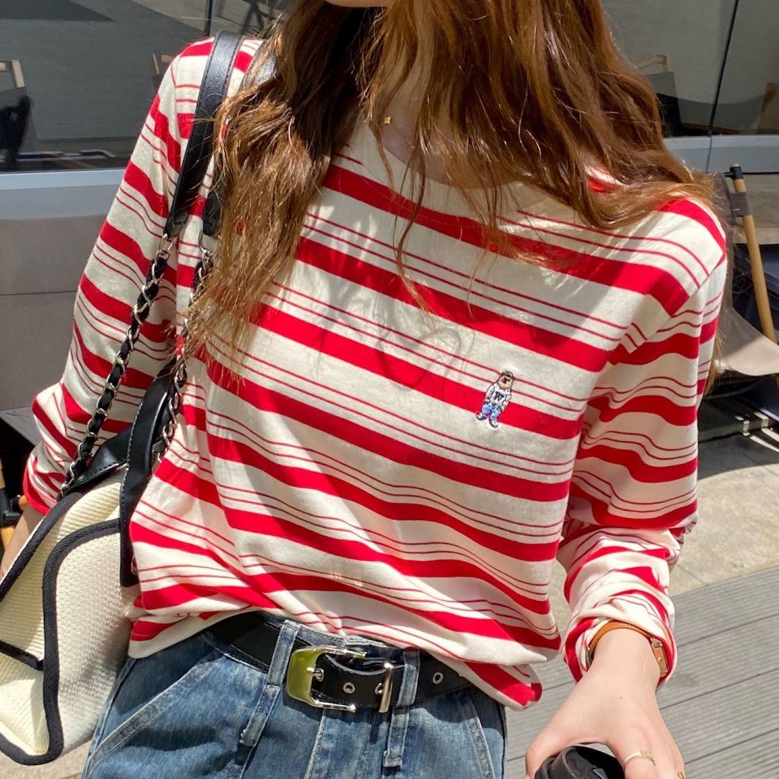 寬鬆休閒大碼百搭撞色條紋純棉長袖t恤