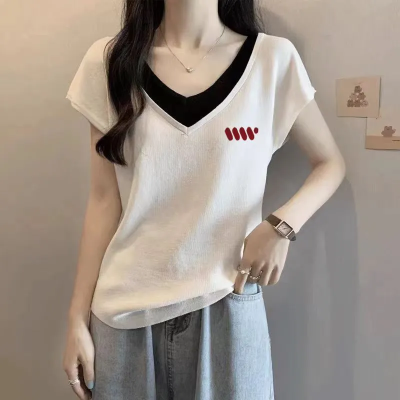 純棉多款式洋氣寬鬆大碼顯瘦V領假兩件短袖T恤-Cicimode