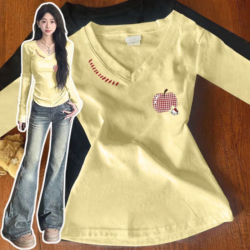 潮流字母印花修身顯瘦v領長袖T恤-Cicimode