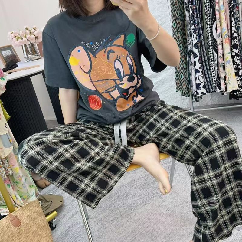 甜美印花波西米亞吸濕排汗寬鬆休閒闊腿九分褲
