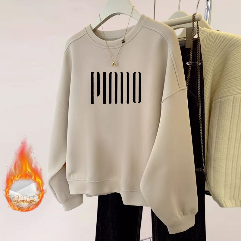 薄款/刷毛休閒圓領打底高檔寬鬆顯瘦保暖長袖T恤