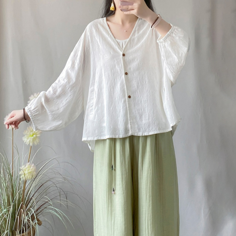 文藝寬鬆顯瘦蝙蝠袖防曬襯衫長袖棉麻開衫