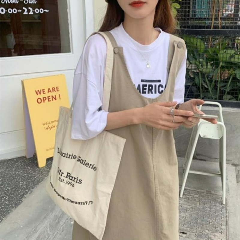 【單件/套裝】日系洋氣顯瘦減齡寬松遮肚背帶裙+印花短袖T恤兩件套