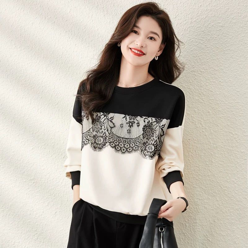 蕾絲拼接寬鬆圓領設計感撞色減齡長袖T恤-Cicimode
