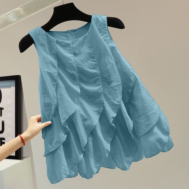 荷葉邊拼接寬鬆顯瘦純色圓領拉鍊背心-Cicimode