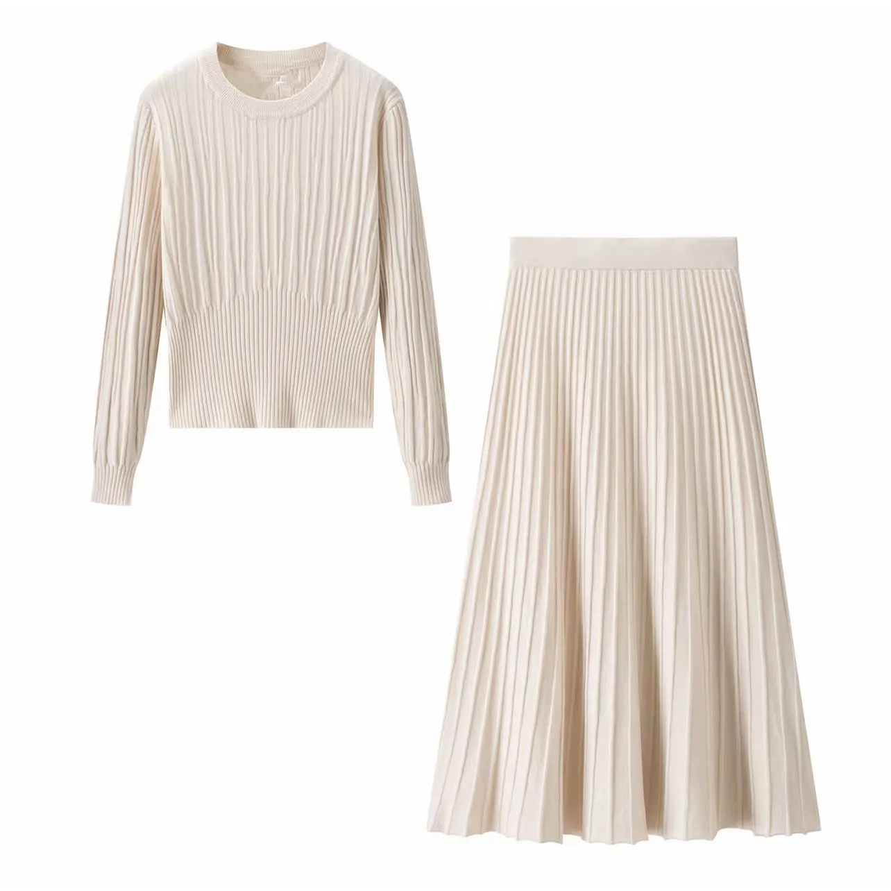 【整套】法式高級感收腰顯瘦針織毛衣+氣質半身長裙兩件套裝-Cicimode