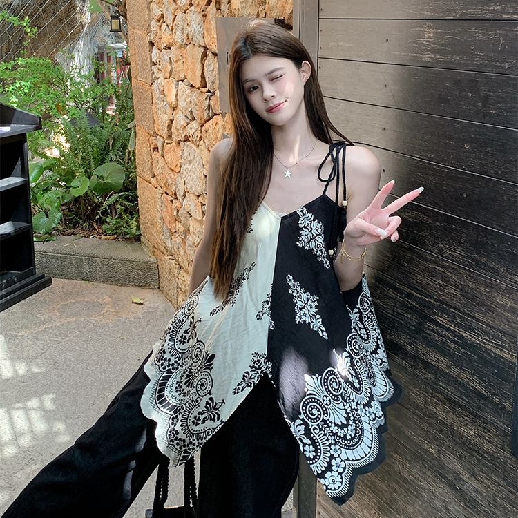 復古印花寬松設計顯瘦新中式度假吊帶洋裝