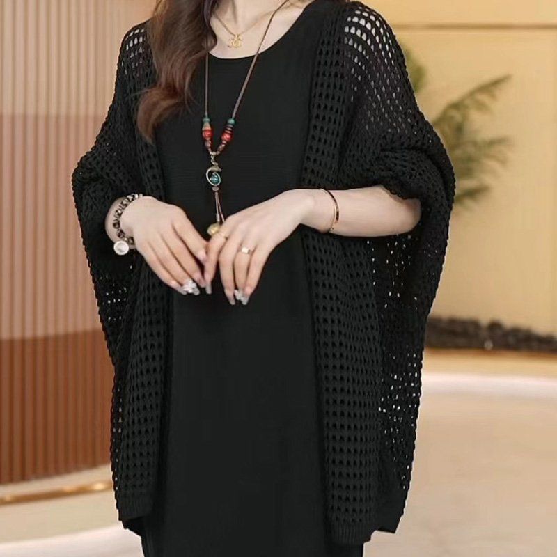 氣質名媛夕陽紅色V領寬鬆針織衫度假中長款開衫