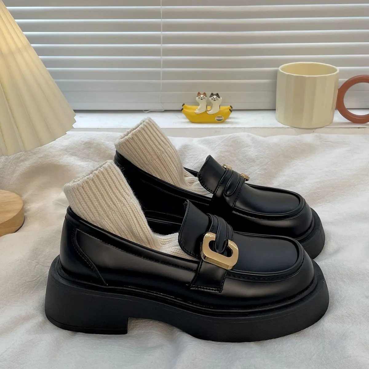 英倫風復古百搭厚底樂福鞋小皮鞋圓頭單鞋