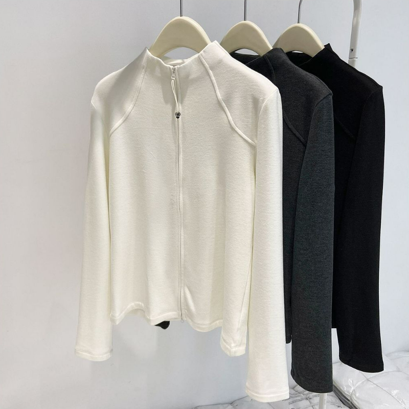 半高領德絨顯瘦修身拉鏈開衫外套-Cicimode