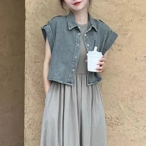 【單件/整套】法式輕熟風坎肩牛仔馬甲+背心連身裙兩件套裝-Cicimode