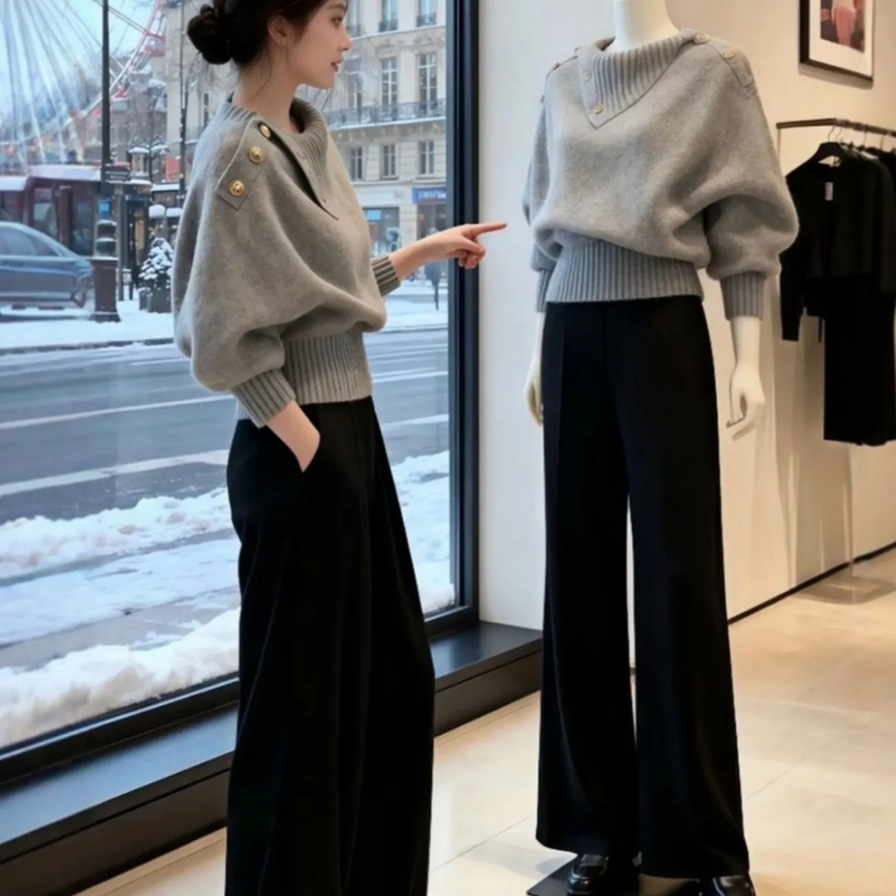 高級感韓系慵懶可外穿不規則翻領針織毛衣-Cicimode