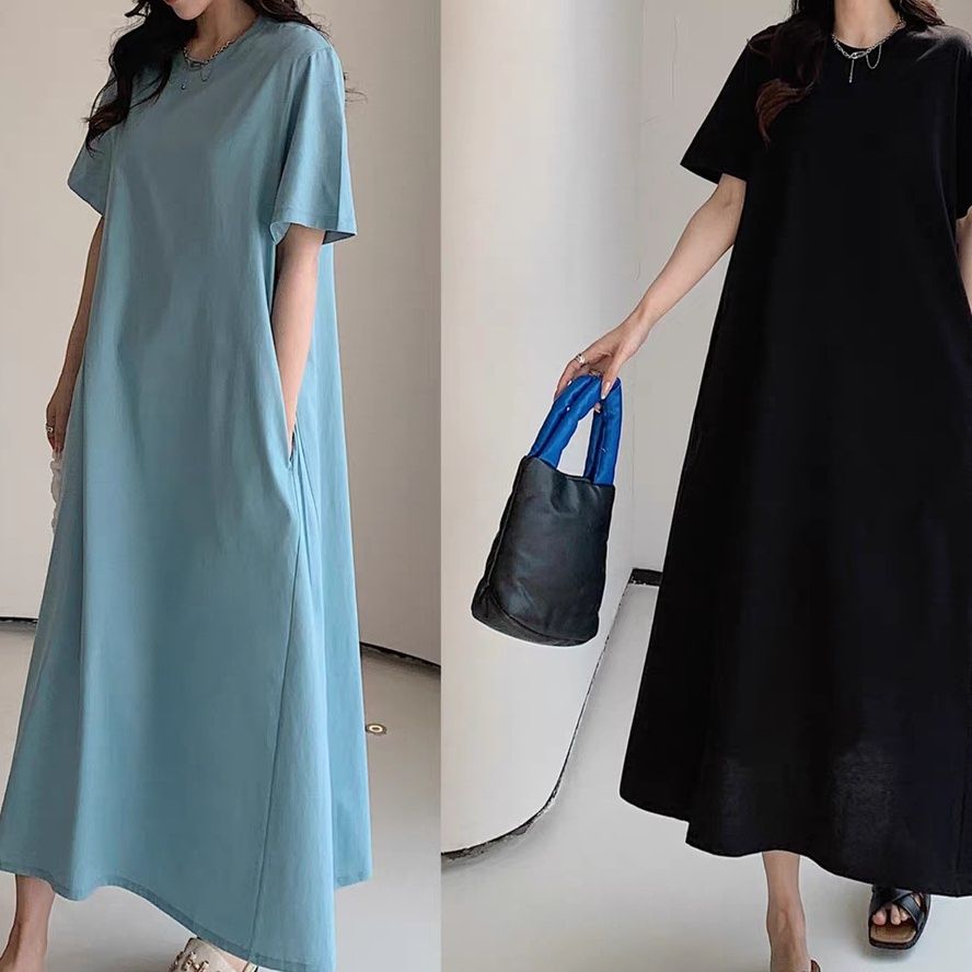 寬鬆遮肚減齡連衣裙大碼顯瘦休閒過膝T恤裙
