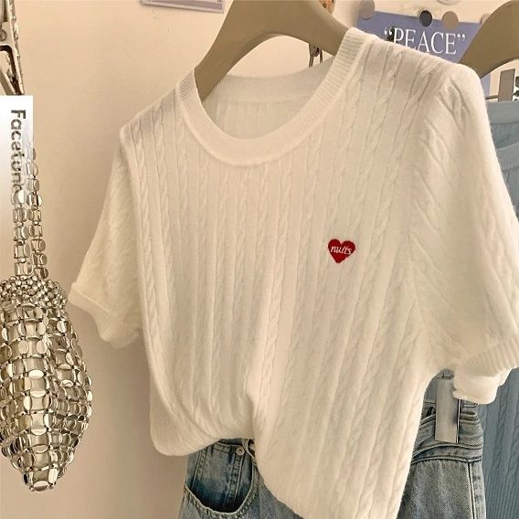 韓系麻花愛心刺繡軟糯針織薄款正肩短袖t恤