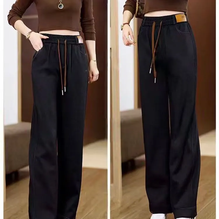 鬆緊高腰寬鬆顯瘦休閒直筒百搭刷毛牛仔褲-Cicimode