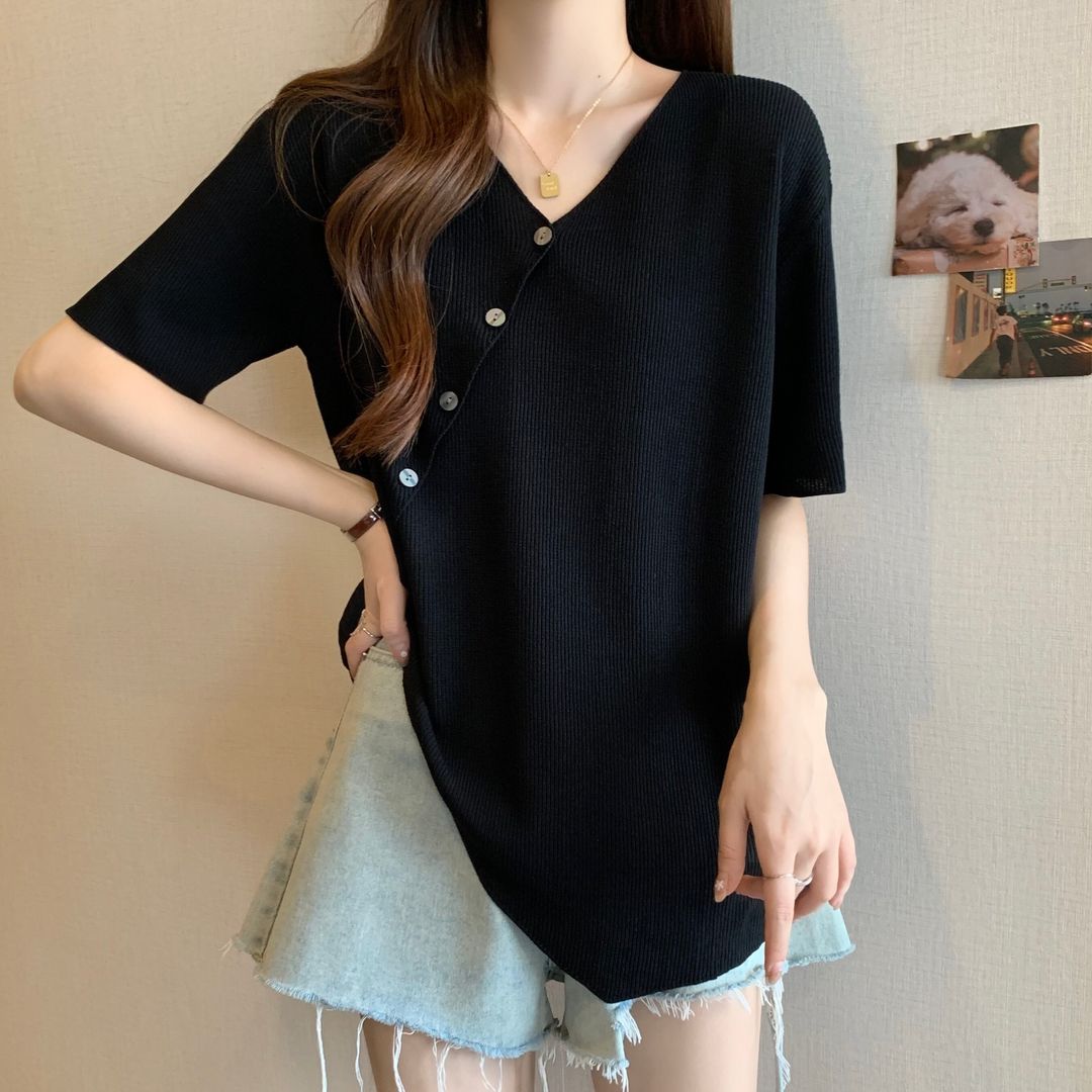 復古涼感V領寬鬆冰絲不規則設計感短袖T恤-Cicimode