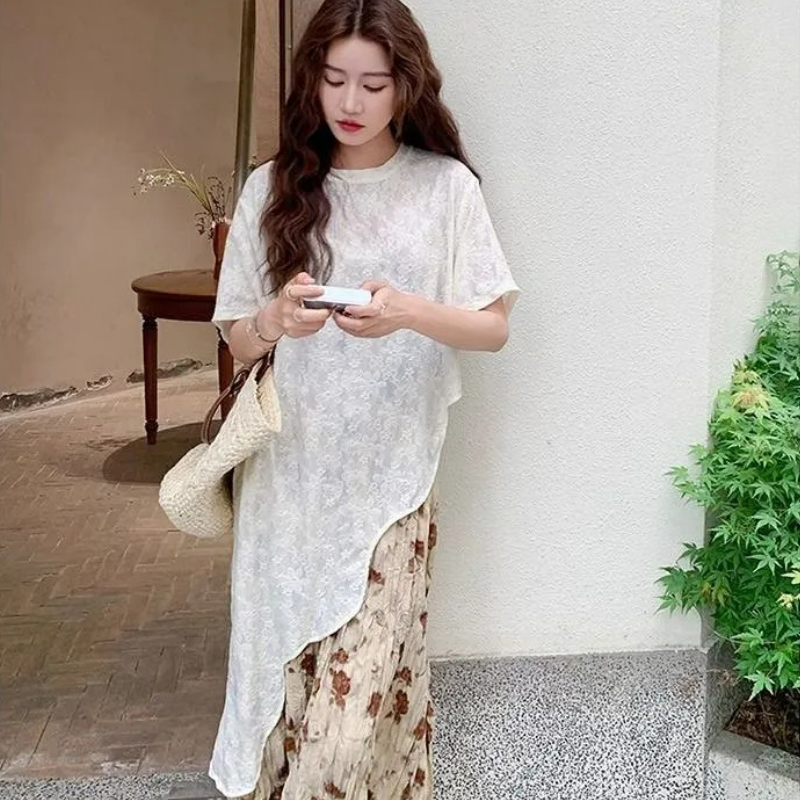 【單件/套裝】法式度假風氛圍感不規則蕾絲罩衫+吊帶碎花裙兩件套-Cicimode