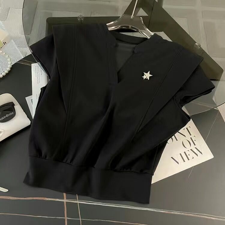 【單件/套裝】時尚顯瘦氣質設計感V領短袖+休閑短褲兩件套