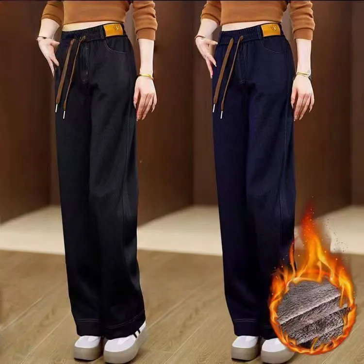 鬆緊高腰寬鬆顯瘦休閒直筒百搭刷毛牛仔褲-Cicimode