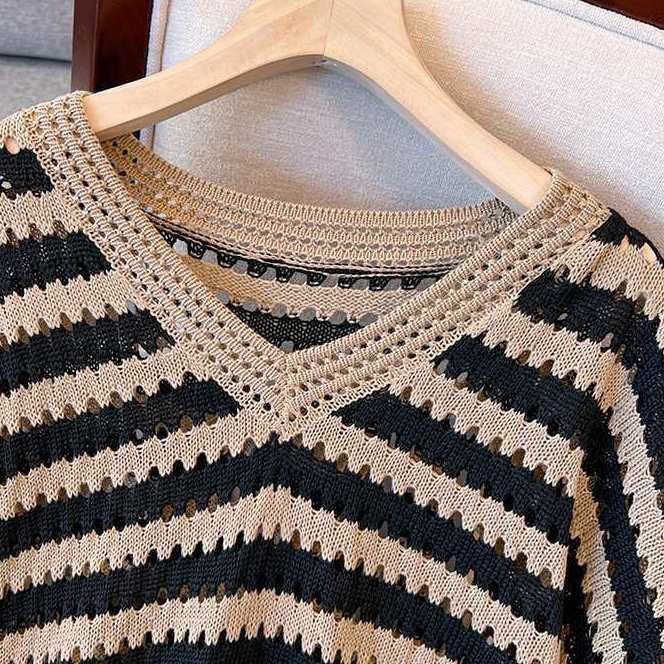 休閒顯瘦條紋氣質設計感針織連身裙-Cicimode