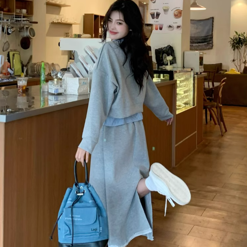 【整套】POLO領條紋拼接長袖衛衣+高腰包臀半裙兩件套裝-Cicimode