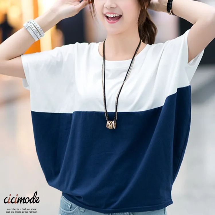 韓版撞色寬鬆休閒拼接蝙蝠衫圓領短袖-Cicimode