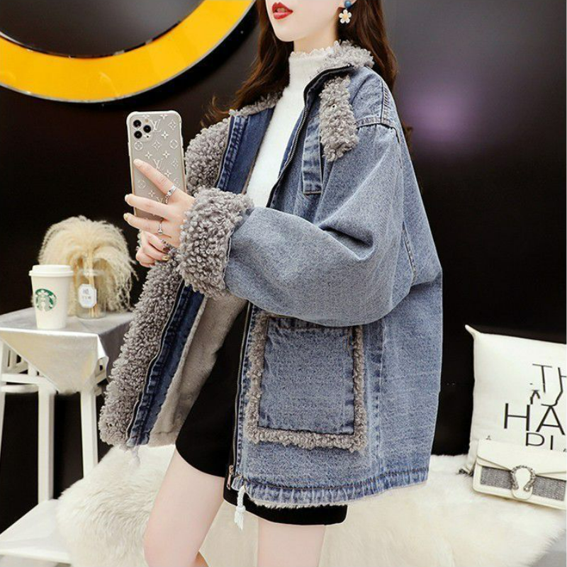 休閒寬鬆刷毛加厚棉衣洋氣百搭牛仔外套-Cicimode