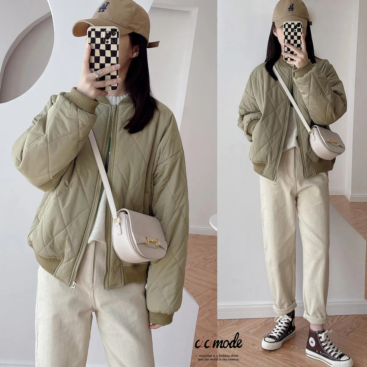 簡約休閒立領夾棉菱格寬鬆口袋棒球服