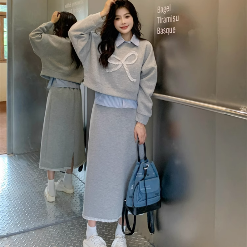 【整套】POLO領條紋拼接長袖衛衣+高腰包臀半裙兩件套裝-Cicimode