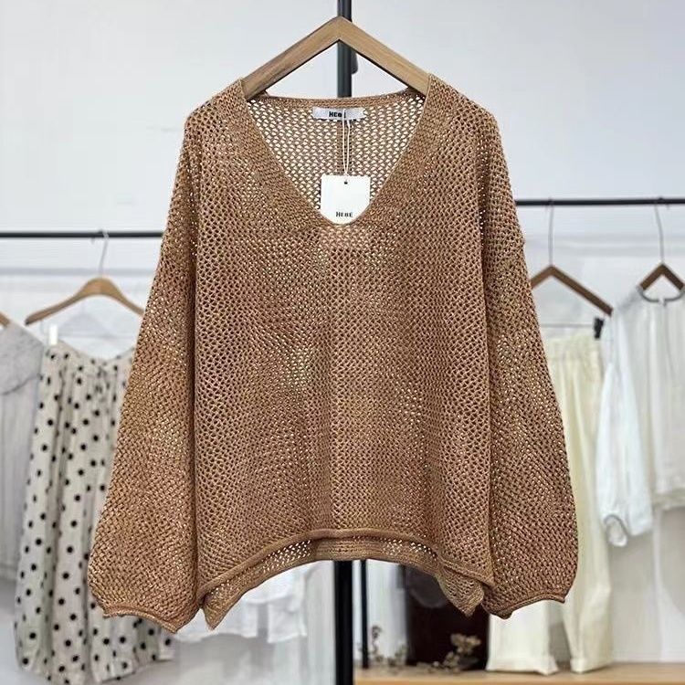 減齡時尚鏤空寬鬆防曬休閒薄款網格針織罩衫-Cicimode