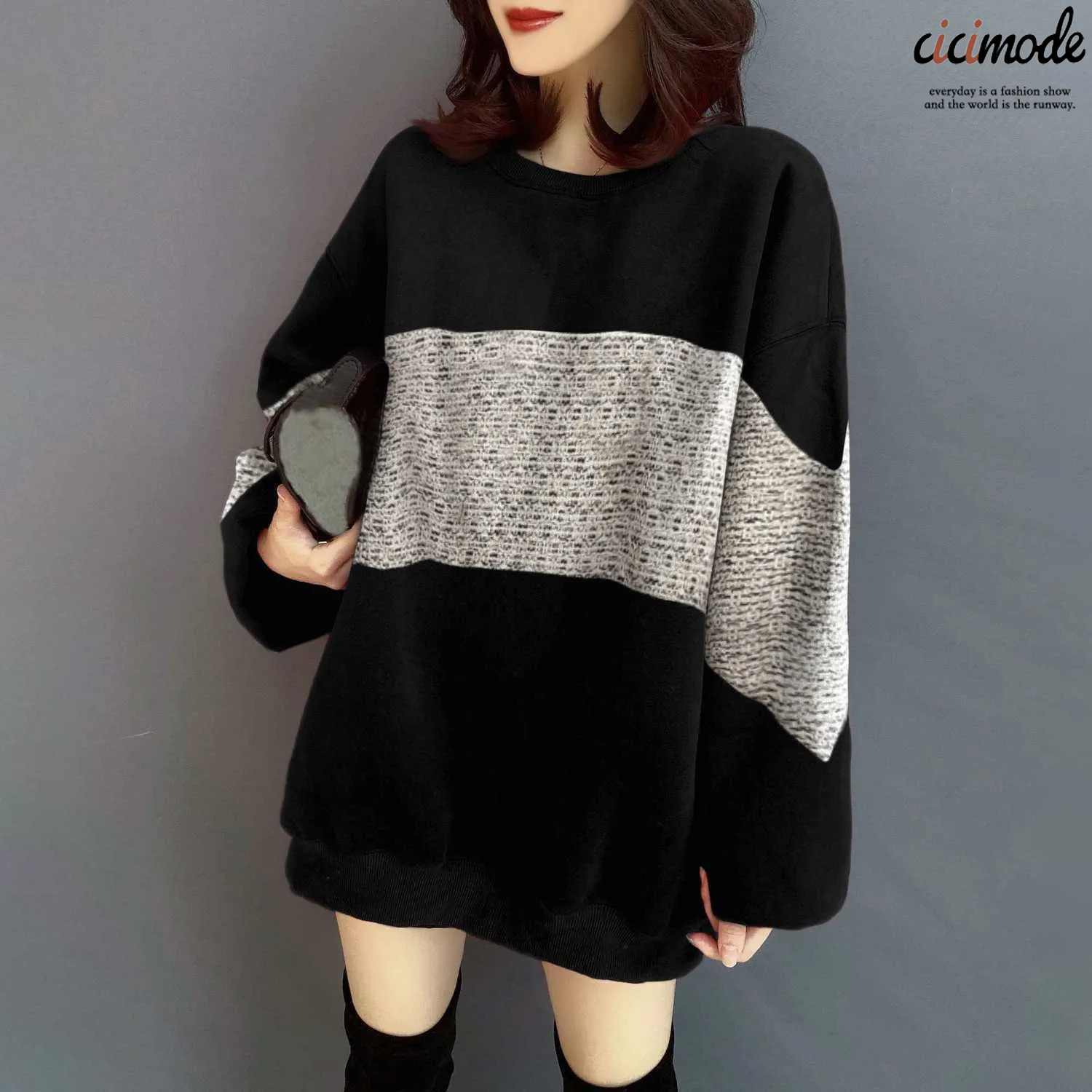 Oversize休閒寬鬆顯瘦撞色圓領衛衣-Cicimode