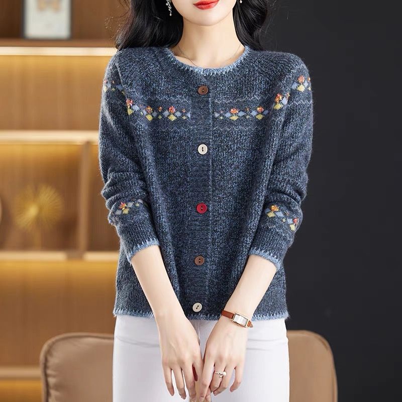 氣質休閒減齡復古寬鬆花紗針織開衫-Cicimode