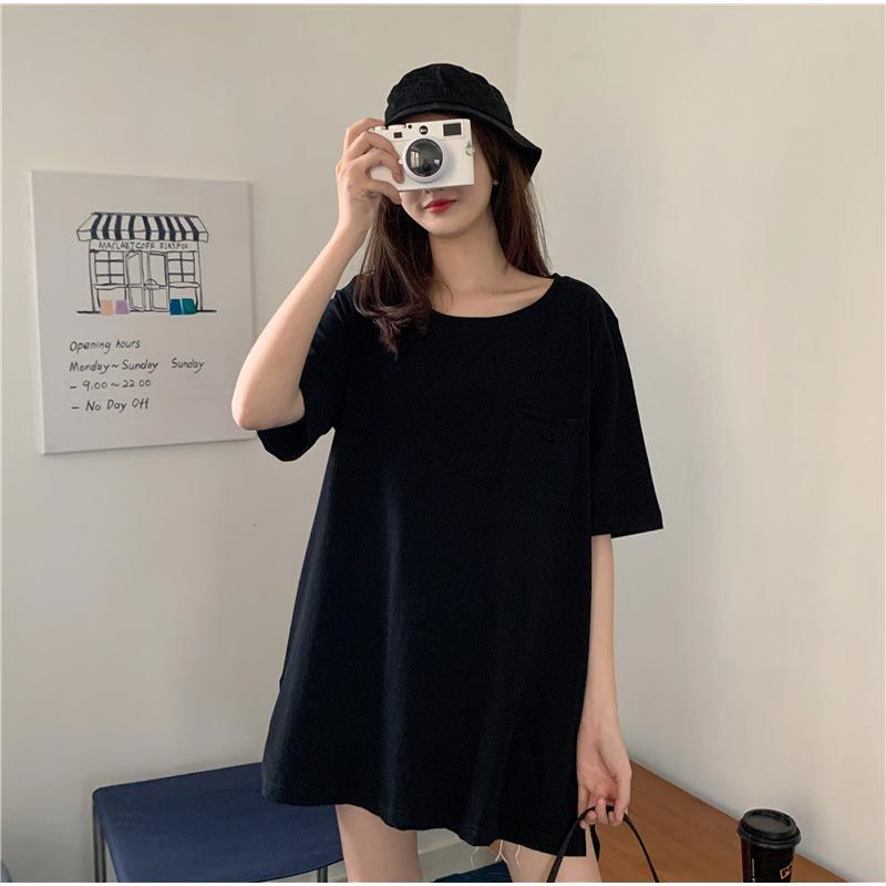 港風純棉寬鬆圓領開叉遮臀中長版短袖T恤