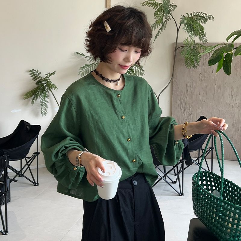 復古高級感氣質百搭圓領休閒寬鬆顯瘦泡泡袖襯衣