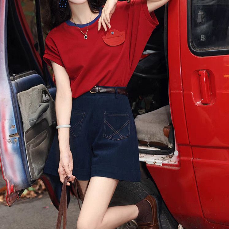 【單件/套裝】休閒寬鬆顯瘦復古設計感T恤+闊腿短褲兩件套裝