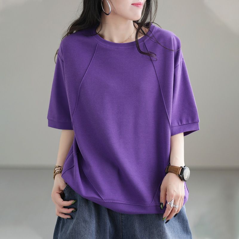 文藝純棉寬鬆復古圓領拼接短袖T恤-Cicimode