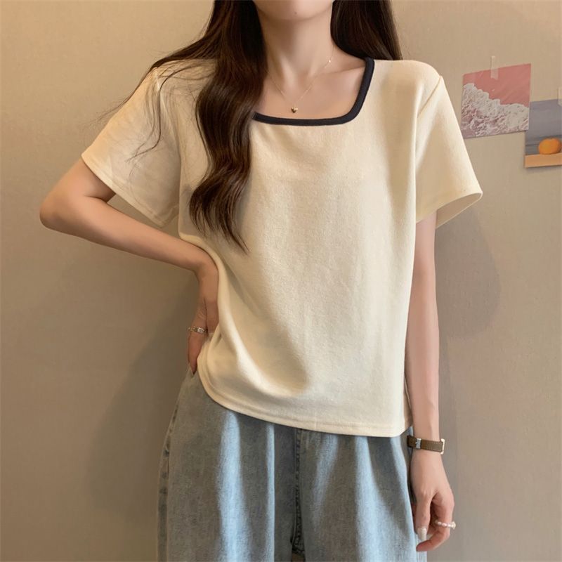 寬鬆大碼顯瘦方領洋氣微胖百搭正肩短袖t恤