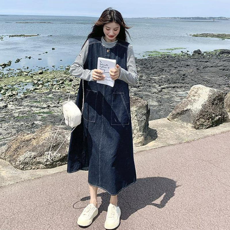 【單件/套裝】韓系條紋顯瘦上衣+復古牛仔背心洋裝兩件套-Cicimode