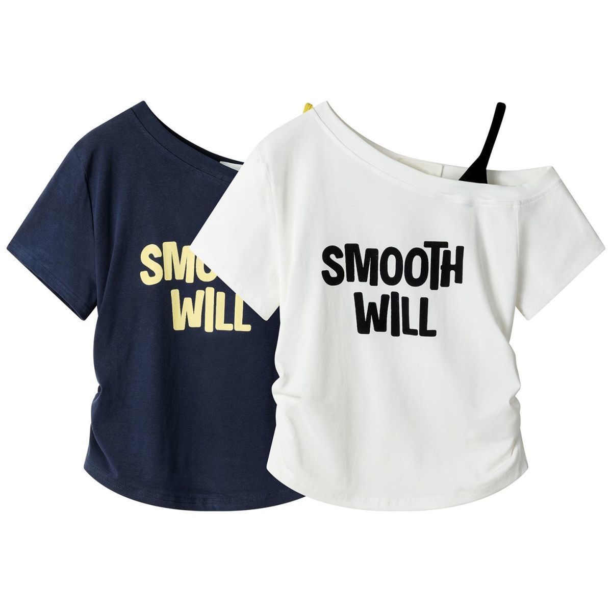 假兩件斜肩露肩洋氣收腰顯瘦印花短袖T恤-Cicimode