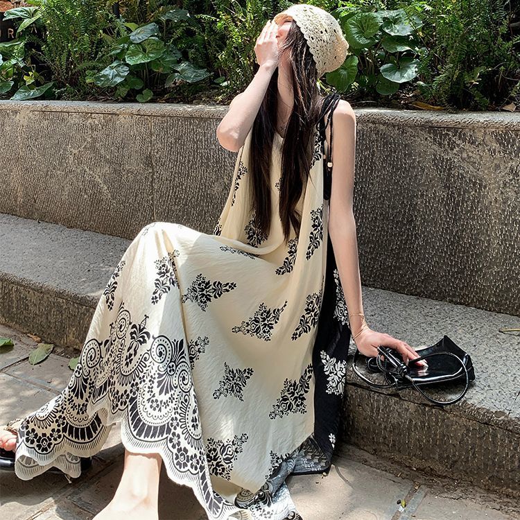 復古印花寬松設計顯瘦新中式度假吊帶洋裝