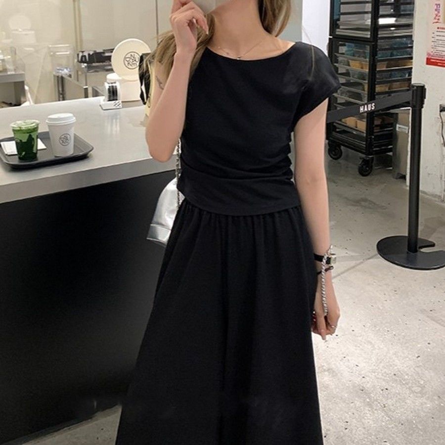 【整套】韓系穿搭一整套顯瘦掐腰短袖T恤+闊腿長褲兩件套裝