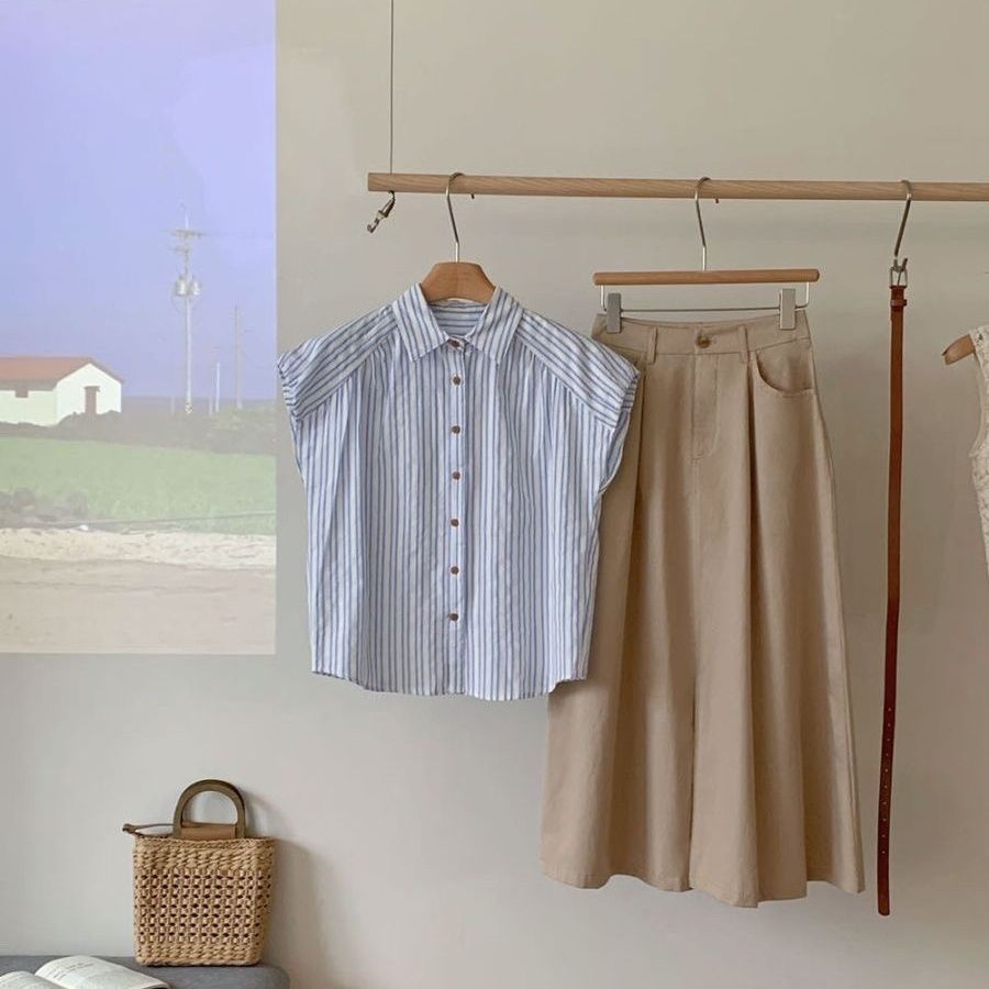 【單件/套裝】時尚通勤休閒減齡polo領條紋短袖襯衫+高腰半身裙兩件套裝