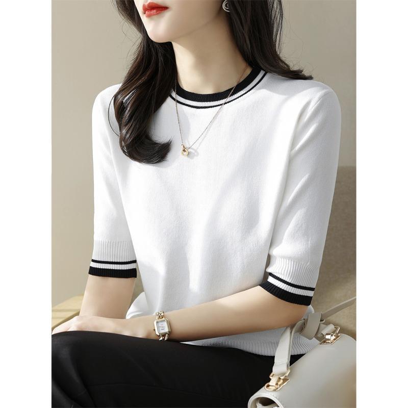 時尚百搭拼色氣質圓領冰絲針織短袖-Cicimode