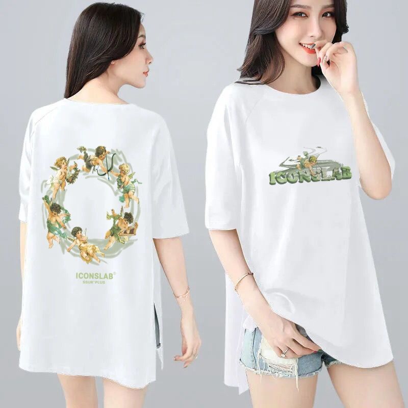 韓版寬鬆印花中長款兩邊開叉短袖T恤-Cicimode