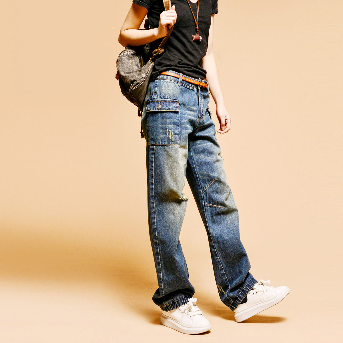 復古bf風大兜燈籠褲高腰闊腿牛仔寬鬆休閒褲裝