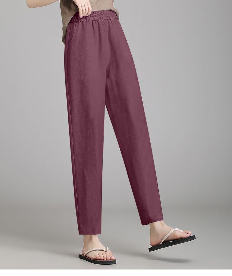 亞麻顯瘦休閒薄款冰絲高腰寬鬆九分哈倫褲-Cicimode
